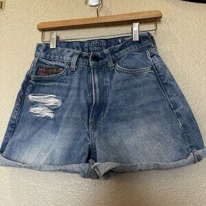 Arizona Jeans Co Womens Jean Shorts Size 1 Patch Pocket Highest Rise Roll/fray